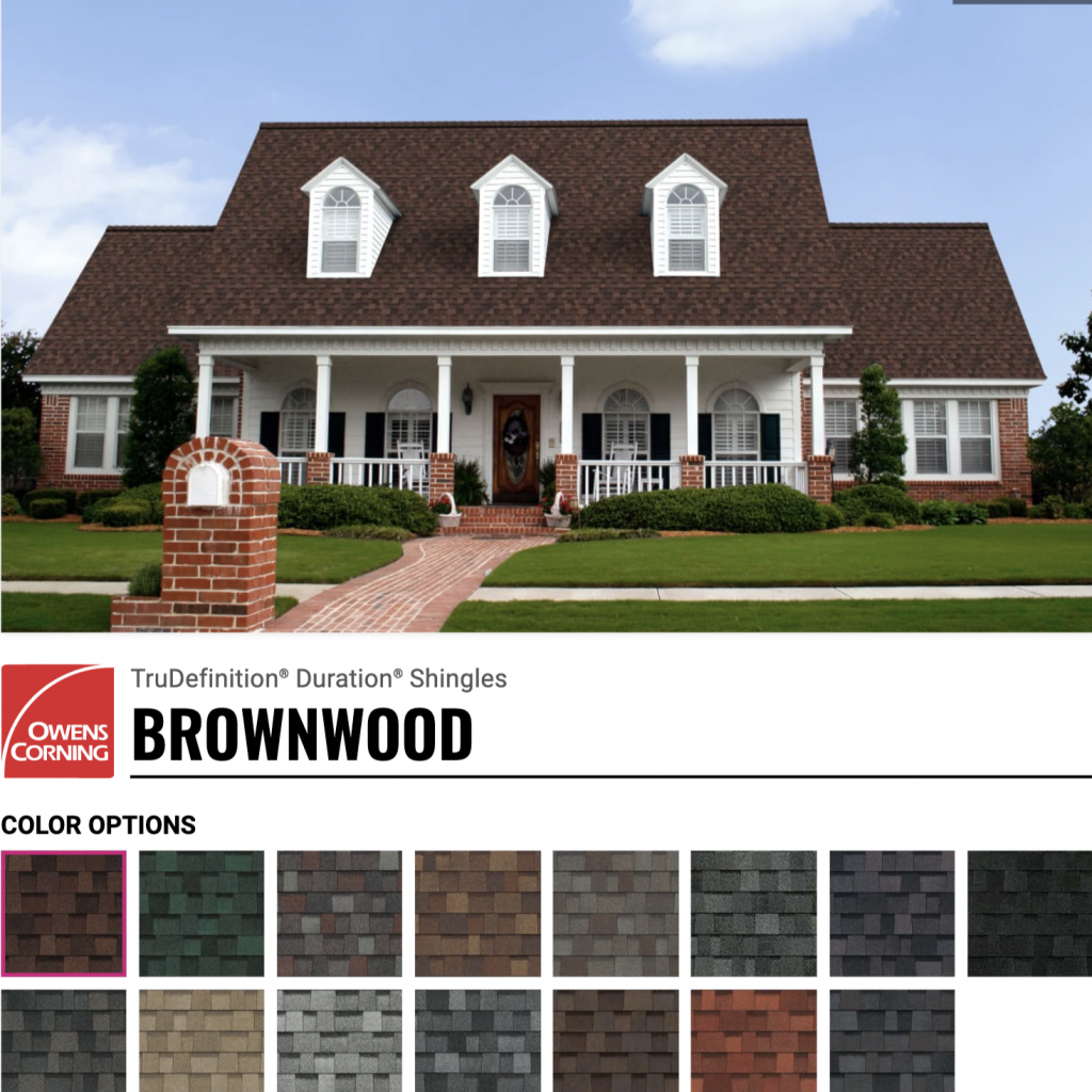 The image displays a two-story house with a shingled roof and a variety of roofing shingle color options below.