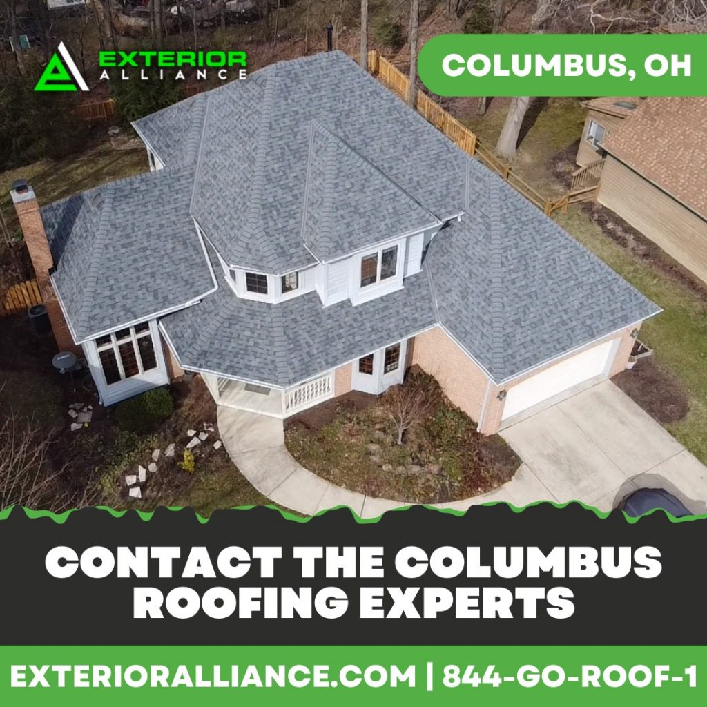 An aerial view of a house with a new roof and an advertisement for a roofing company with contact information.