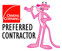 The image contains the Owens Corning logo alongside a pink panther character, indicating a preferred contractor status.