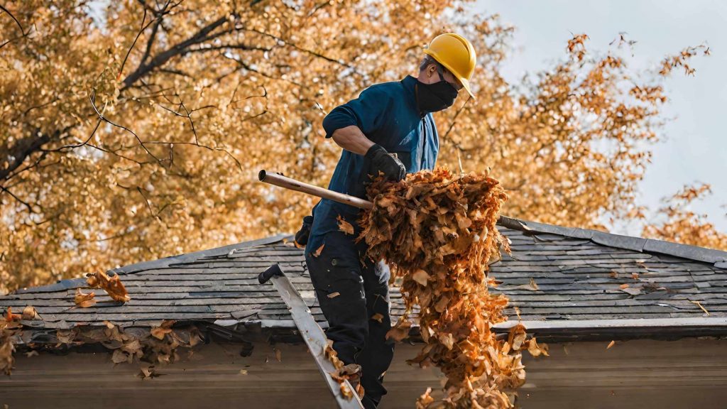 A person wearing protective gear is cleaning autumn leaves from a house rooftop.