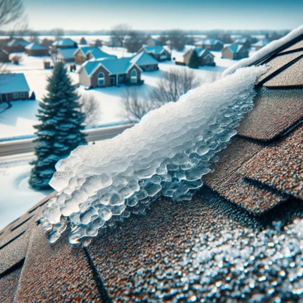 The image showcases a promotional ad for winter roofing estimates with a visible snow-covered roof in Dublin, Ohio.