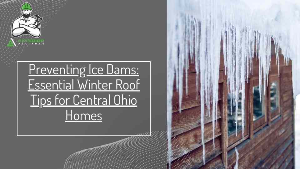 An advertisement about the risks of winter roof leaks with icy eaves on a wooden building.