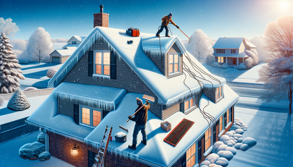 Two individuals are removing snow from the roof of a house in a snowy neighborhood at twilight.